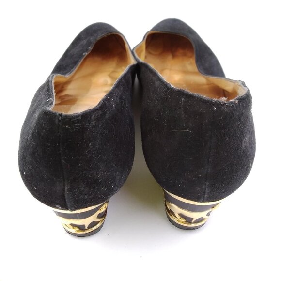Womans Ladies Black Suede Slip On Gold Panther Heels Pumps Shoes Size 9M - Picture 3 of 9